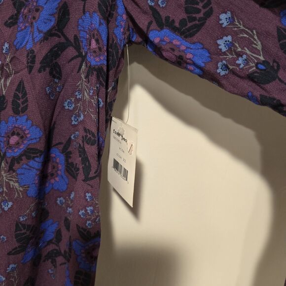 Free People Magic Mystery Tunic Top Dress XS Purple Floral Bell Sleeve Tie Neck - Picture 10 of 11